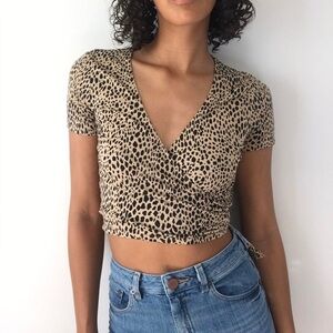 Brandy Melville Leopard Print Short Sleeve Wrap Crop Top